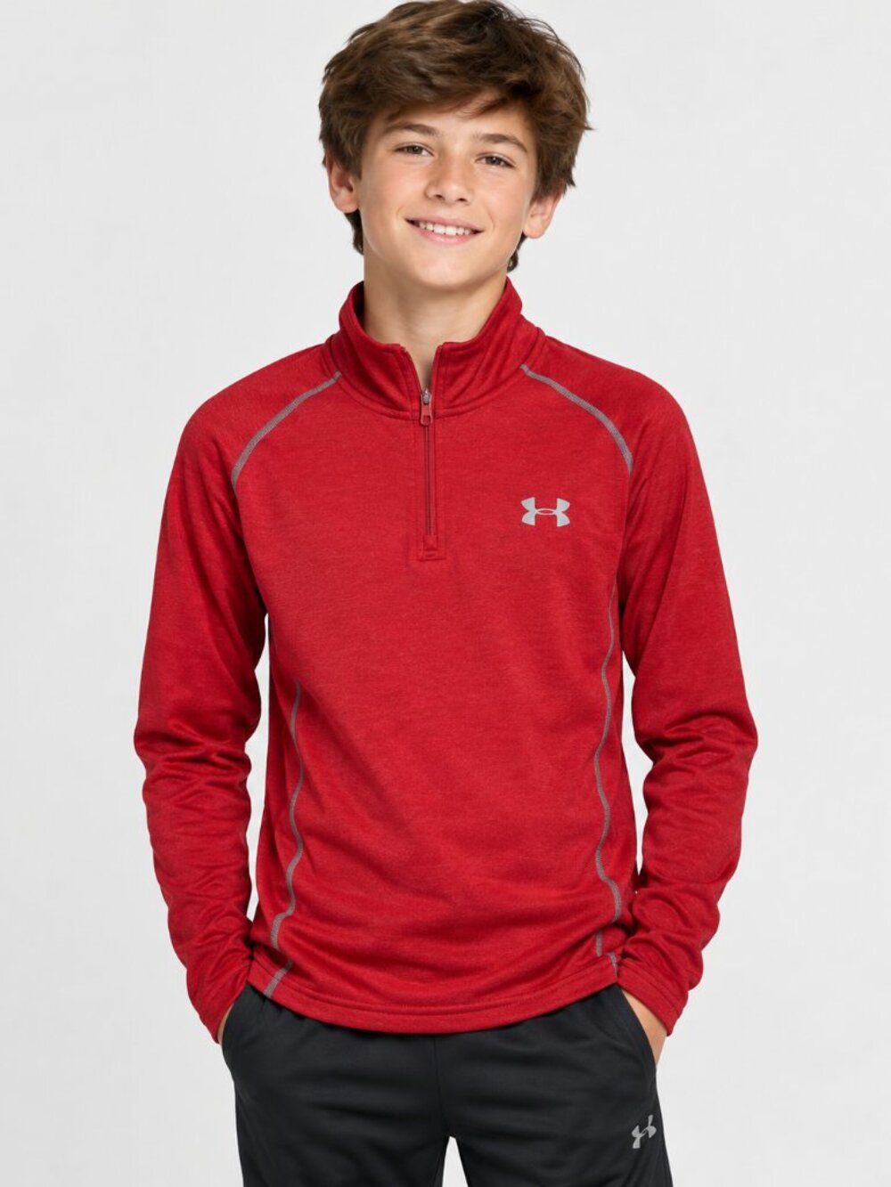 Under Armour ColdGear Quarter Zip Athletic Pullover Red Gray Youth Large